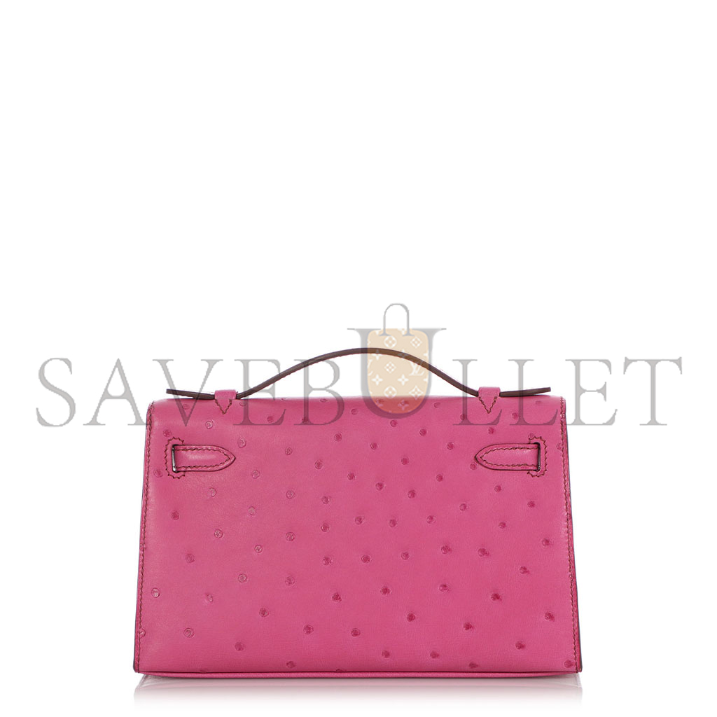 HERMÈS MASTER FUCHSIA OSTRICH KELLY POCHETTE PALLADIUM HARDWARE (22*14*7cm) 